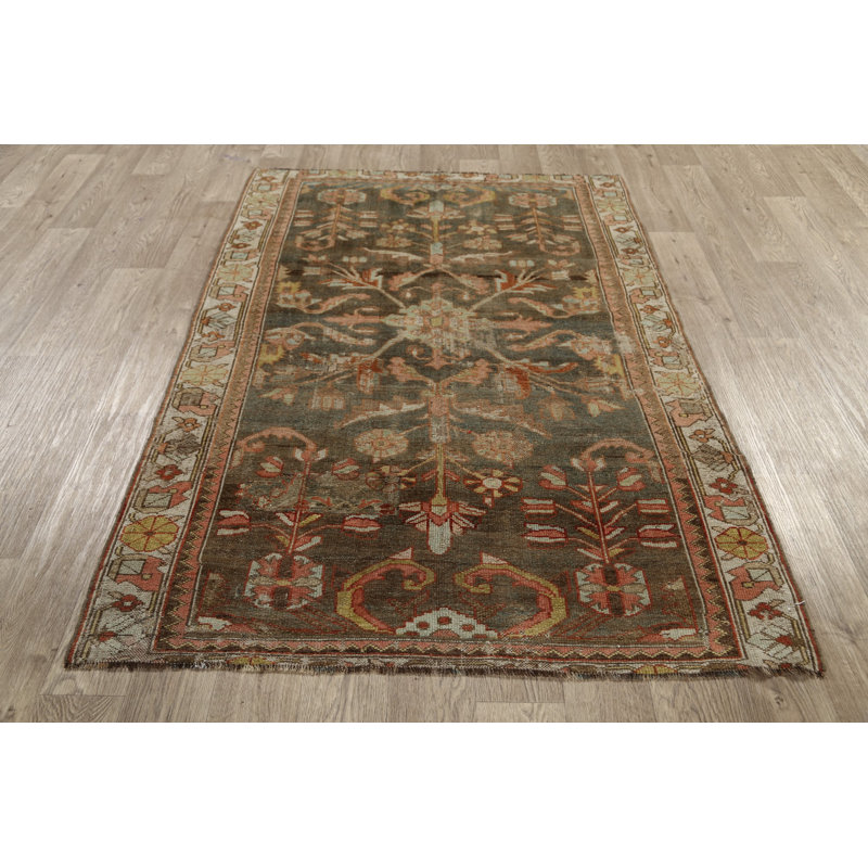Tapis brun en laine noué à la main de conception unique 4 pi 2 po x 6 pi Kaibab avant 1900