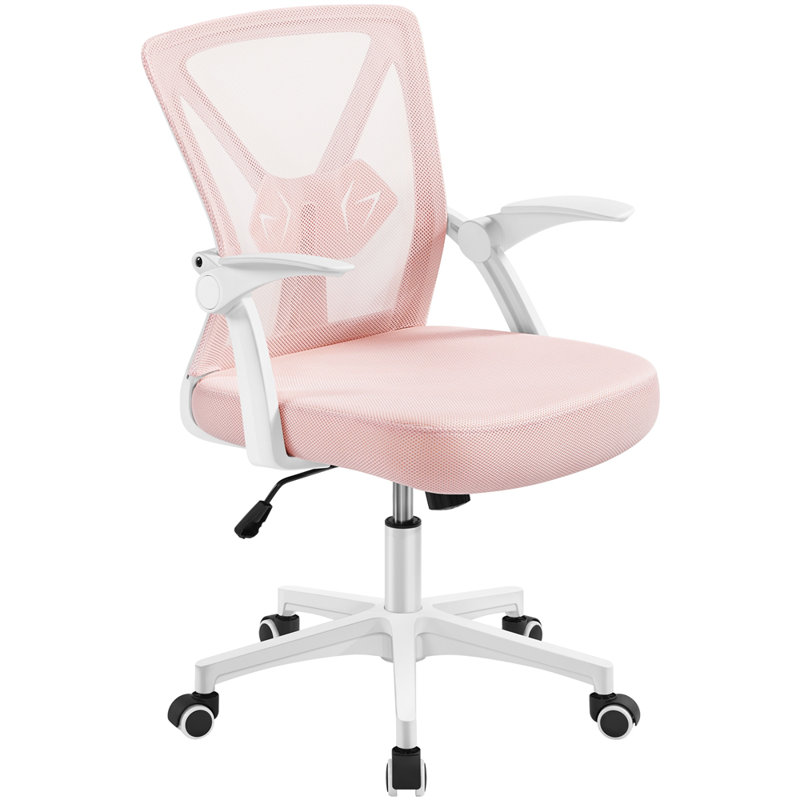 Mesh Desk Chair with Flip-up Armrest, Pink/White