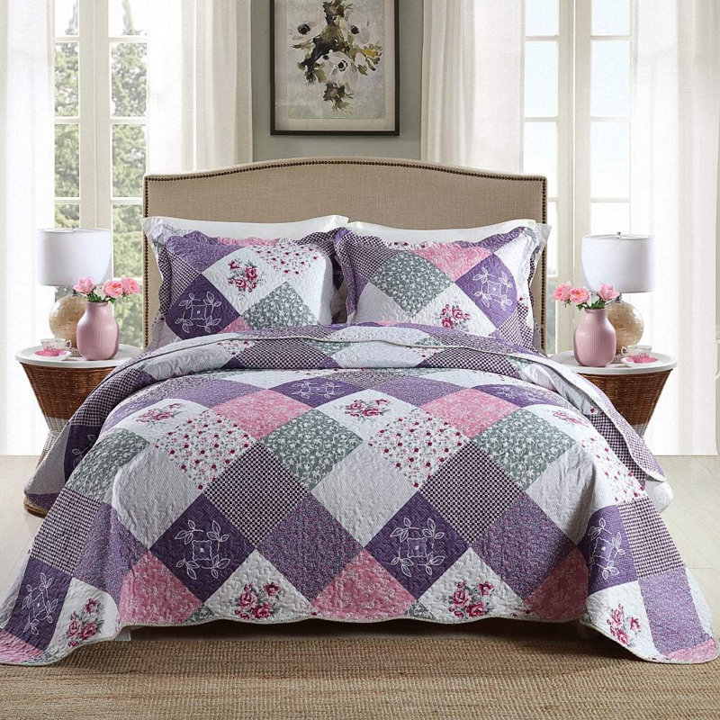 HoneiLife Flower Cluster Purple Blended Quilt Sets, King Quilt + 2 King Pillowcases, Purple