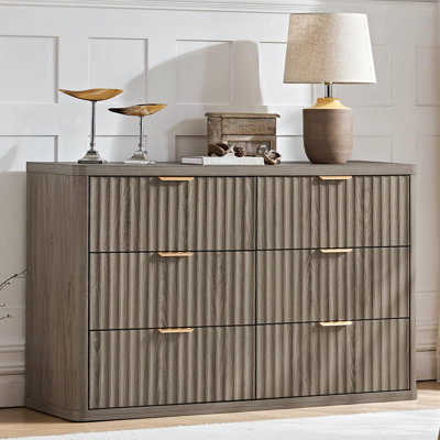 Fluted Wood 6-Drawer Dresser with Metal Handles and Storage