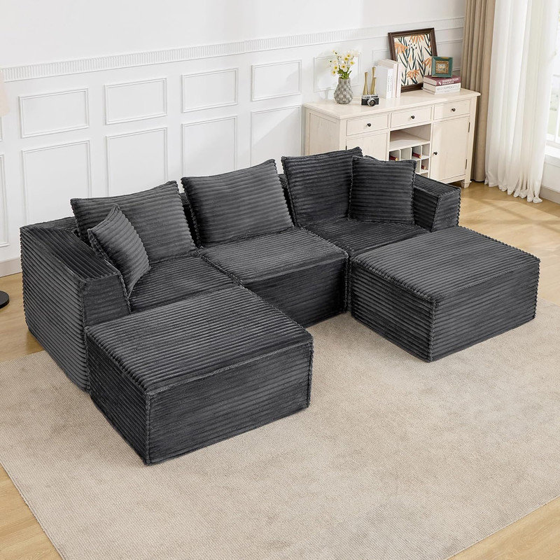Boneless Modular Cloud Sectional Sofa with 1 Ottoman, L-Shape Deep Seat Couch for Living Room, No Assembly, Gray, 3