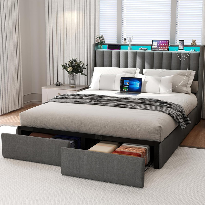 Upholstered Bed Frame With 2 Storage Drawers And Storage Headboard, Built-In Led Lights And Charging Station, Queen