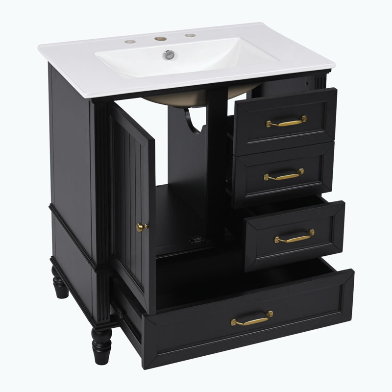 Meuble-lavabo avec lavabo et armoire avec tiroirs, Noir, noir, noir, noir