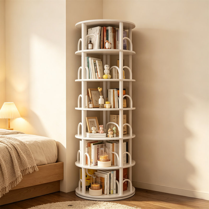 Corner Shelf, Solid Wood Rotating Bookshelf Tower with Wheels, Black