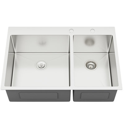Double Bowl  60/40  33"X22"X10" Drop In Stainless Steel Kitchen Sink 16 Gauge T304, Flat Apron Front Style, X - Shaped Water Drainage, R10 Corner For Less , Coating To Condensation, Pad Quiet, With