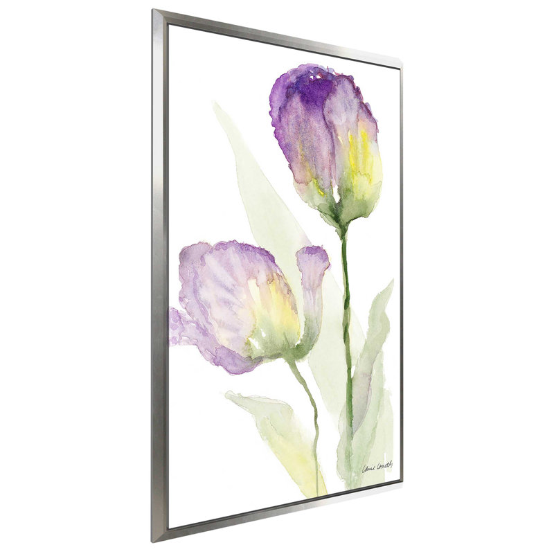 «Teal and Lavender Tulips II», reproduction de peinture à l'aquarelle, H 33,5 po x l 21,5 po x P 2 po, Cadre flottant argent