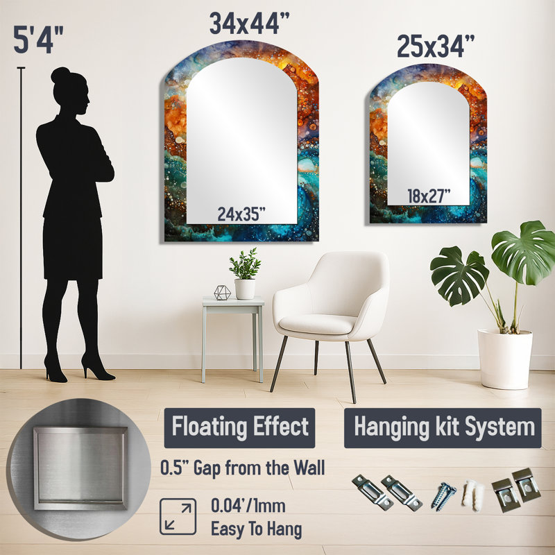 Miroir mural contemporain - vortex céleste vert et orange dans l'espace, impression sur métal, 43" x 33"