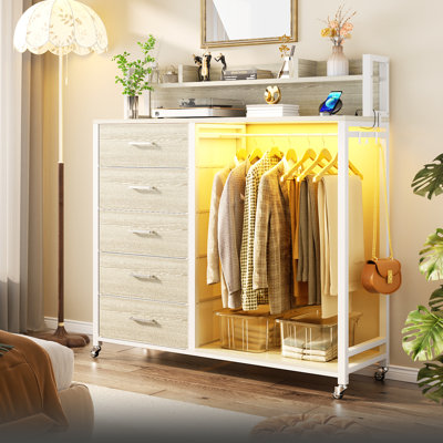 Jeremyiah 5 Drawers Dresser With Charging Station & LED Lights,Storage Shelves