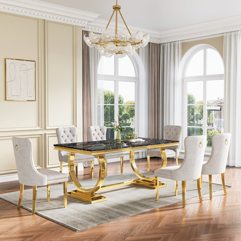 Rectangular 70.1"L X 35"W Dining Set, Blanc / Doré, Noir et or, 7 pièces : table, 6 chaises