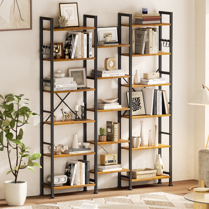 Bookshelf, Bookcase with Open Display Shelves, Wood and Metal Shelf Storage Organizer,Industrial Wide Shelving Unit for Living Room,Home Office,Rustic Brown