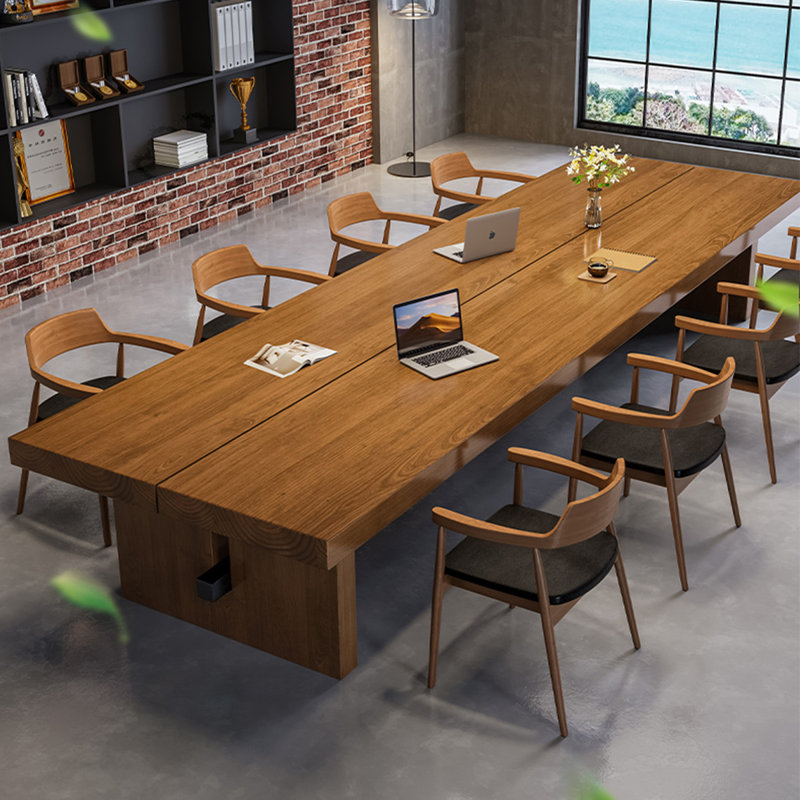 Table de conférence rectangulaire en bois massif brun et noisette + fer, H 29,53 po x L 110,24 po x l 39,37 po