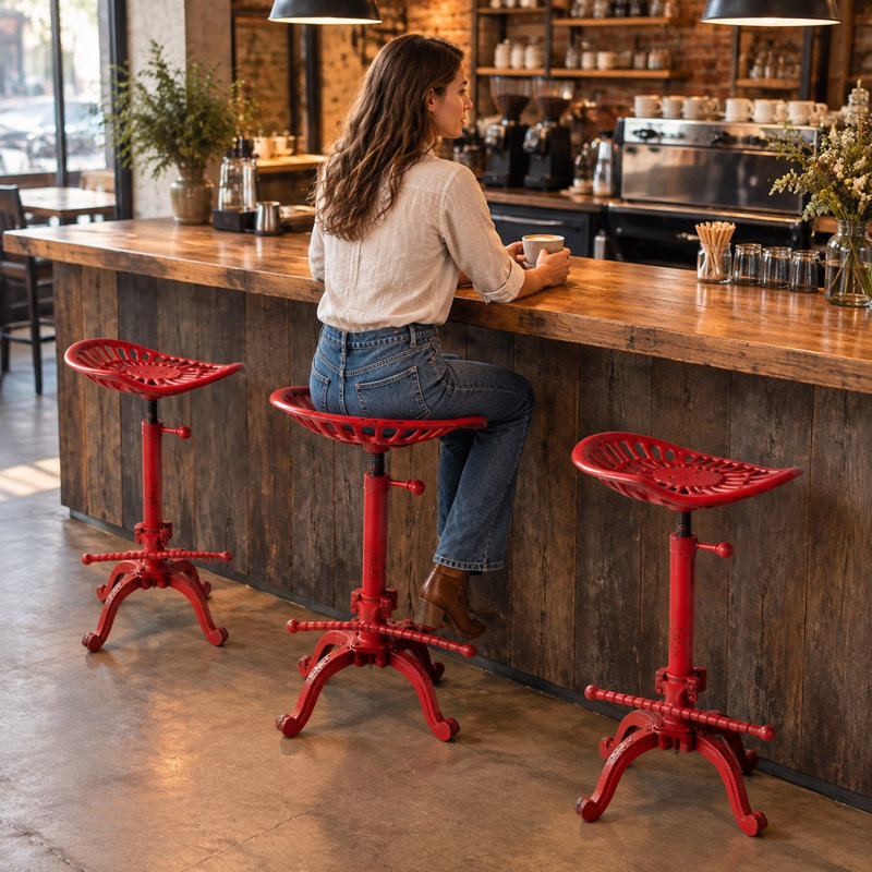 Tracteur - Tabouret de bar - Tabouret de bar industriel rustique - Tabouret pivotant en fonte de style campagnard - Hauteur de comptoir réglable - Très haute hauteur de pub - 22,05 à 27,95 po (Rouge)