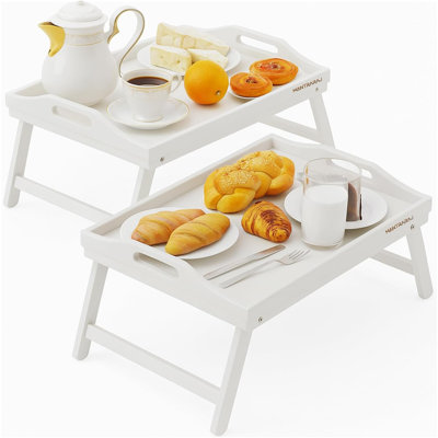 Ameleah Bamboo Tray Bed Tray Table with Foldable Legs And Handles Breakfast Tray Pack of 2 (White)