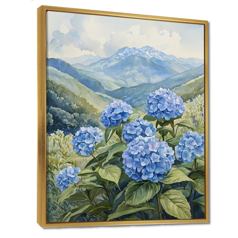 Hortensias dans la prairie de montagne I - art mural d'hortensias pour le salon, Impression encadrée flottante, Doré