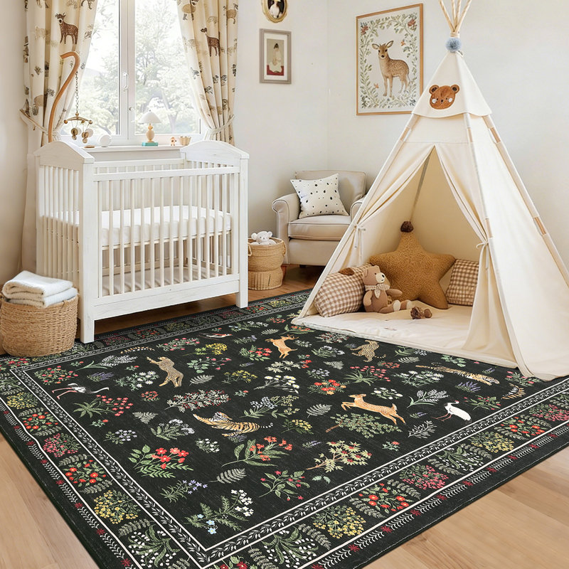 Tapis à motif floral lavable pour animaux 6 x 9 fermier antidérapant pour le salon, tapis à poils courts ne perdant pas de poils, tapis intérieur pliable mince et doux pour la salle à manger de la chambre à coucher, salle de jeux, noir