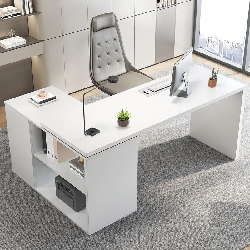 55-Inch White L-Shaped Desk With Storage