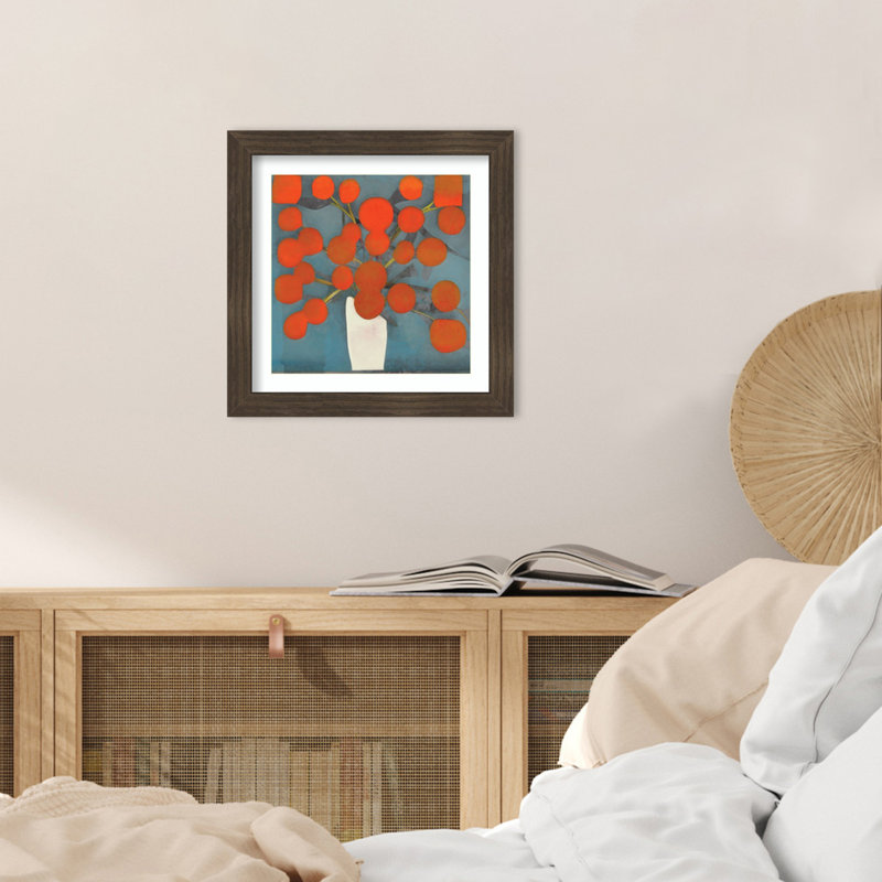 «Abstract Orange Flowers» par Elena Ray, impression sur bois encadrée, Marron foncé, H 14 po x l 14 po