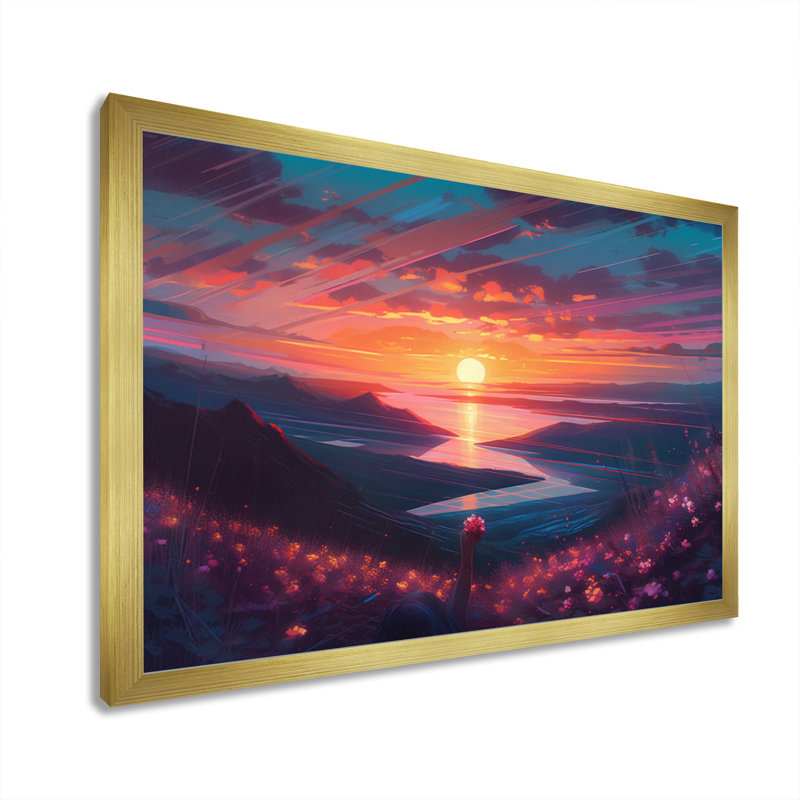 Magnifique coucher de soleil sur le lac et les montagnes II, H 16 po x l 32 po x P 1 po, Encadrement doré