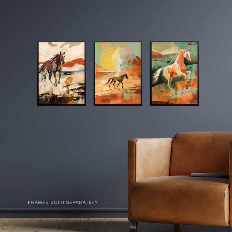 Wild Desert Horses Bright Sandy Tones Modern Aesthetic - 3 Piece No Frame Print Set, 40.5cm H x 30.5cm W x 0.3cm D