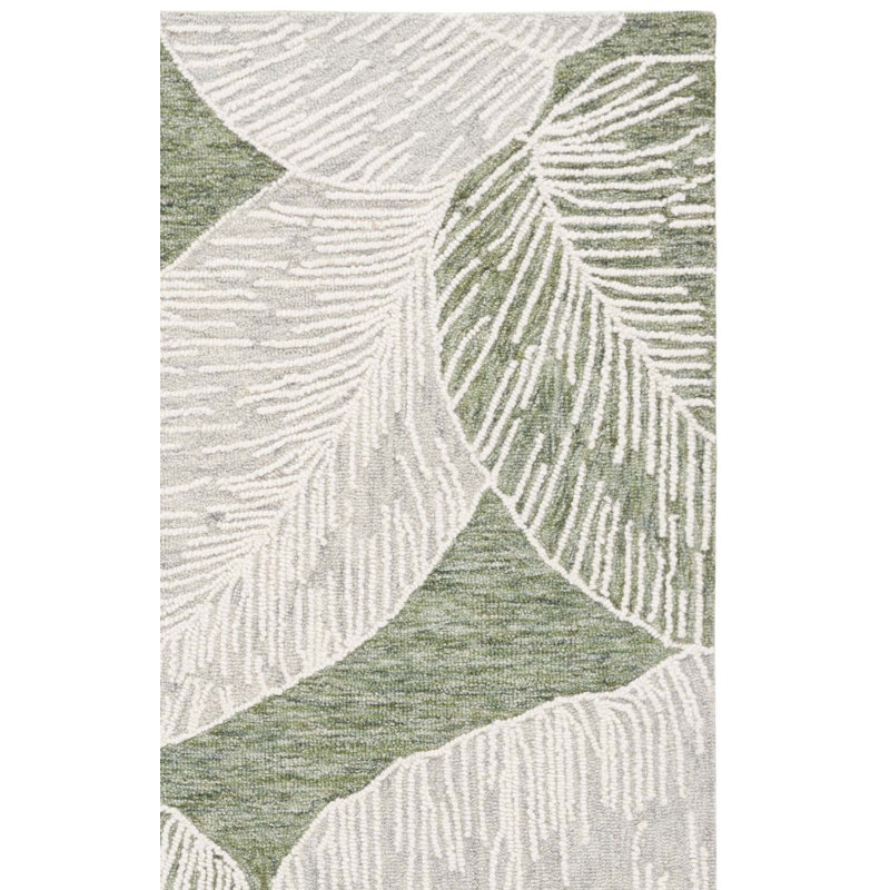 Laine touffetée à la main Jardin 375; Tapis floral en coton vert / ivoire, Tapis de couloir 2 pi 3 po x 8 pi