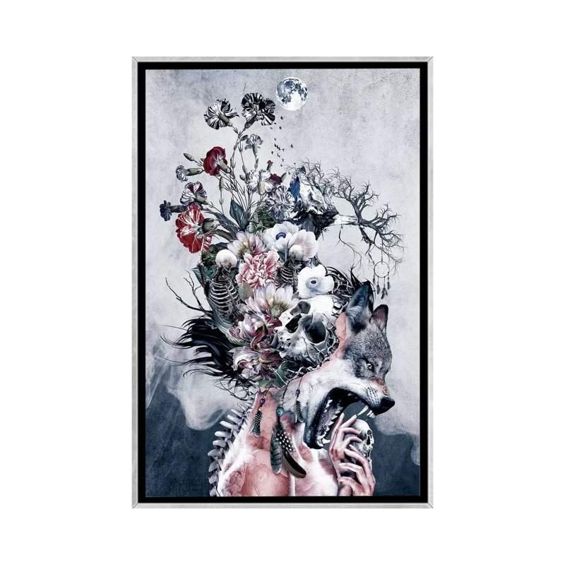 Loup et crânes par Riza Peker - impression d'art graphique, H 40 po x l 26 po x P 1,5 po, Toile avec cadre argenté