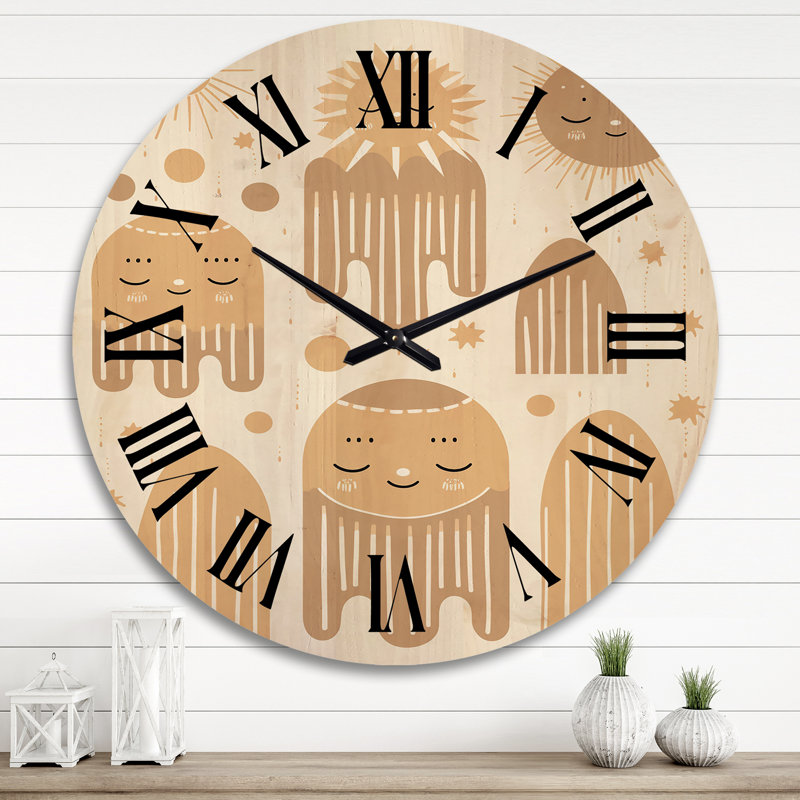 Riky Boho Dreamtime Moon And Clouds III - Modern Geometric Oversized Wood Wall Clock, Extra Large