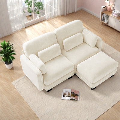 Canapé d'angle à compression, causeuse modulaire deux places en chenille beige avec pouf, style moderne