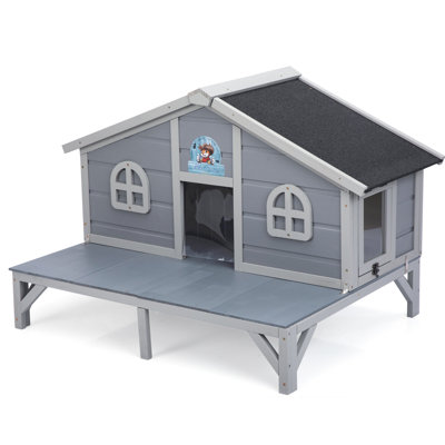 All Weather Gray Wooden Cat Home With Lockable Doors And Spacious Play, Solid Pine Structure, Indoor Outdoor Comfort Cozy Curtains Doors, Ample Space For Cats
