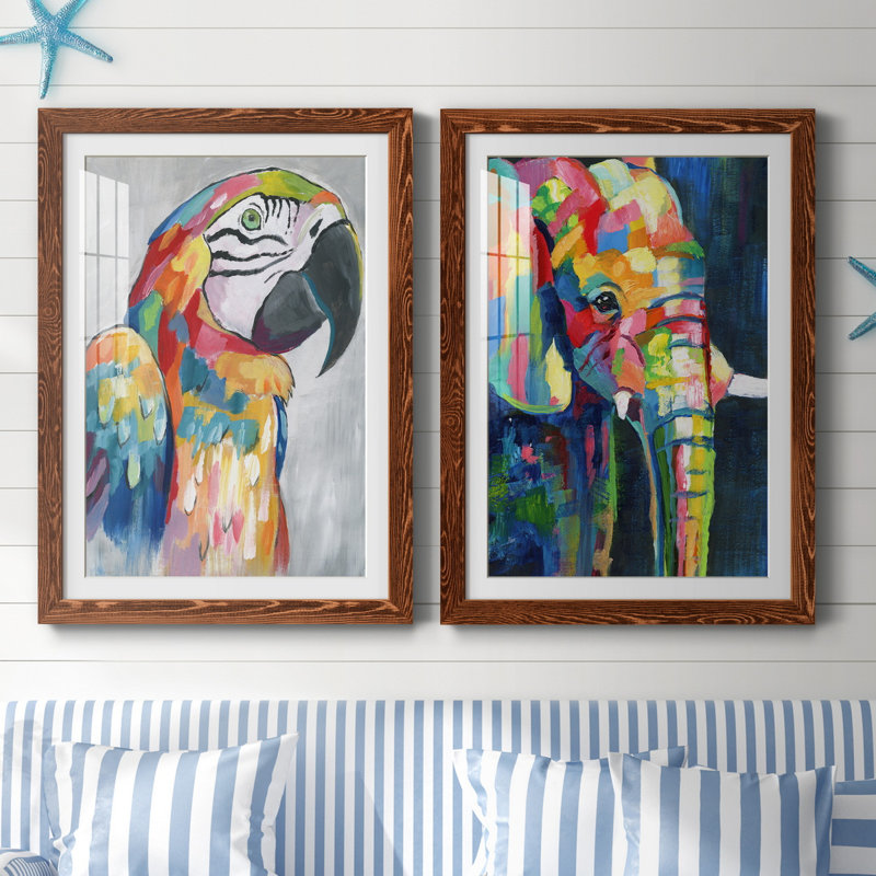 «Vibrant Parrot», ensemble de 2 reproductions d'impressions, H 37,5 po x l 55 po x P 1,5 po, Papier avec cadre érable, Blanc