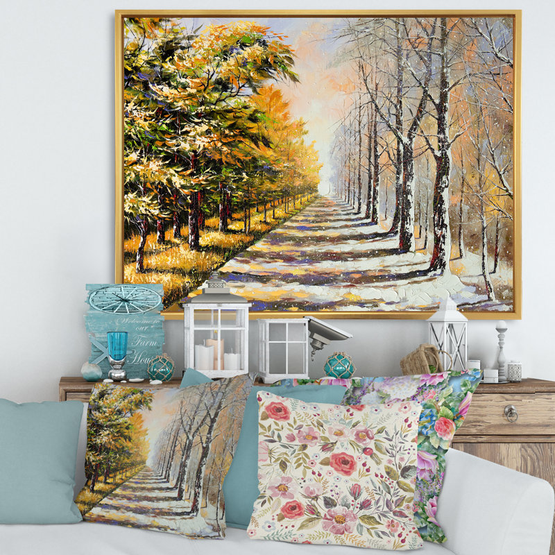 Allégorie sur le thème de l'hiver et de l'automne - Peinture sur toile, Cadre flottant doré, H 30 po x l 40 po x 1,5 po