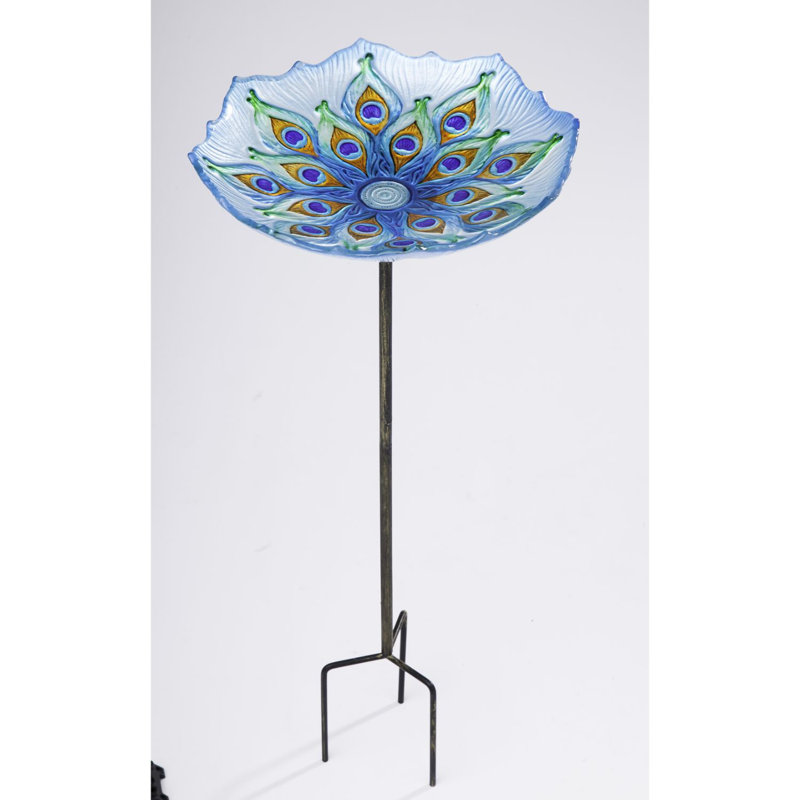 Bain d'oiseaux de jardin à piquets en verre Ridgee Peacock Feathers