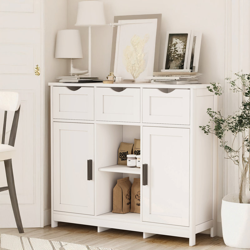 35.4" Wide Sideboard with 3 Drawers and 3 Adjustable Shelves, Cabinet with 2 Doors, Accent Cabinet, White