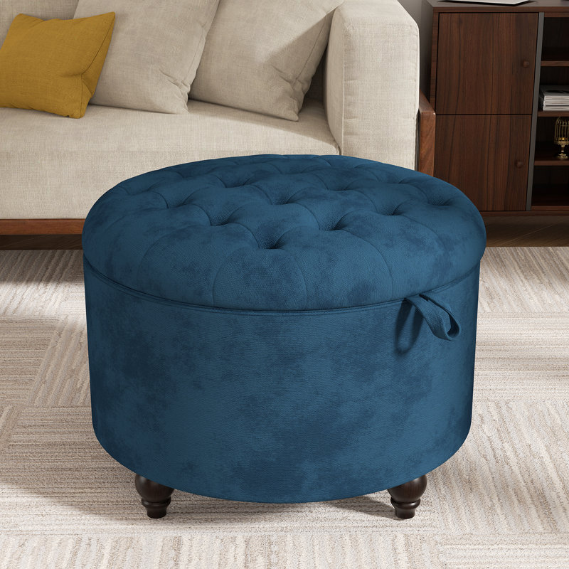 Button-Designed Upholstered Ottoman With Storage, Blue