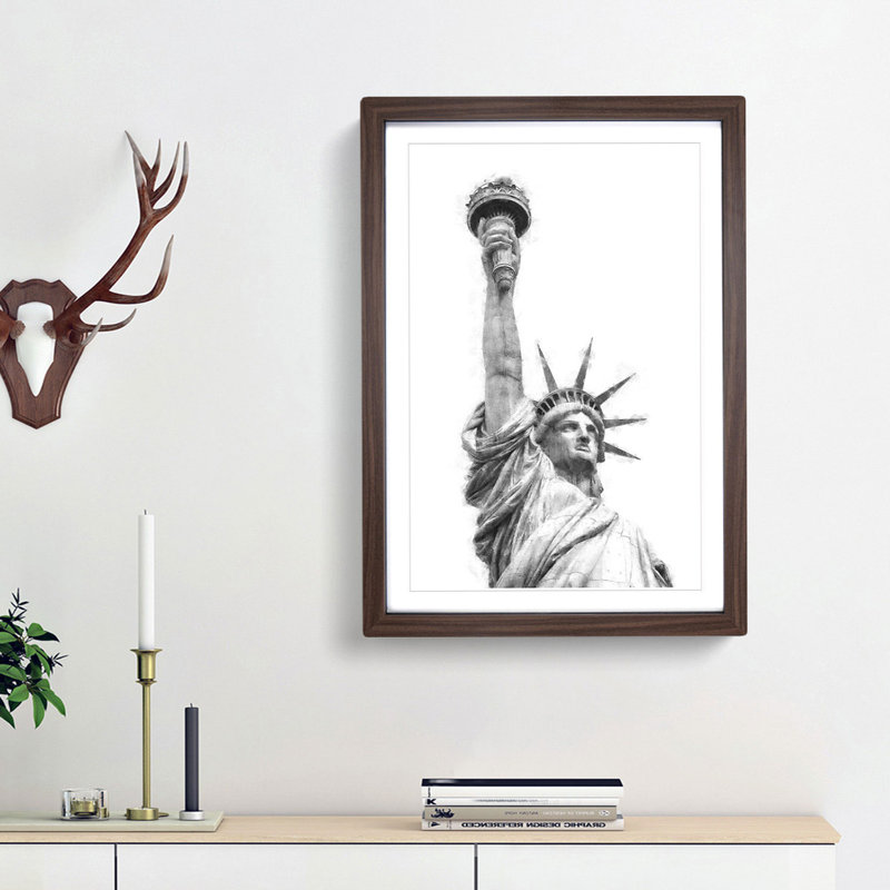 Statue Of Liberty In New York City Abstract Painting - Framed Print, 33cm H x 24cm W x 2cm D, Walnut Framed