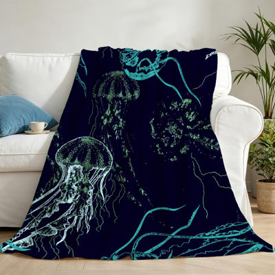 Jeté en flanelle bleue ultra douce en molleton sans couture avec imprimé méduse
