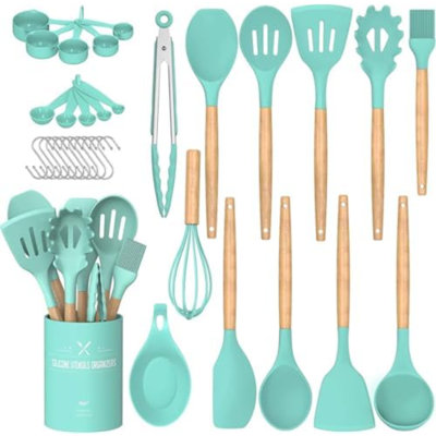 Ensemble d'ustensiles de cuisine, 24 pièces, spatules en silicone antiadhésif avec support, manche en bois, résistant à la chaleur (vert)