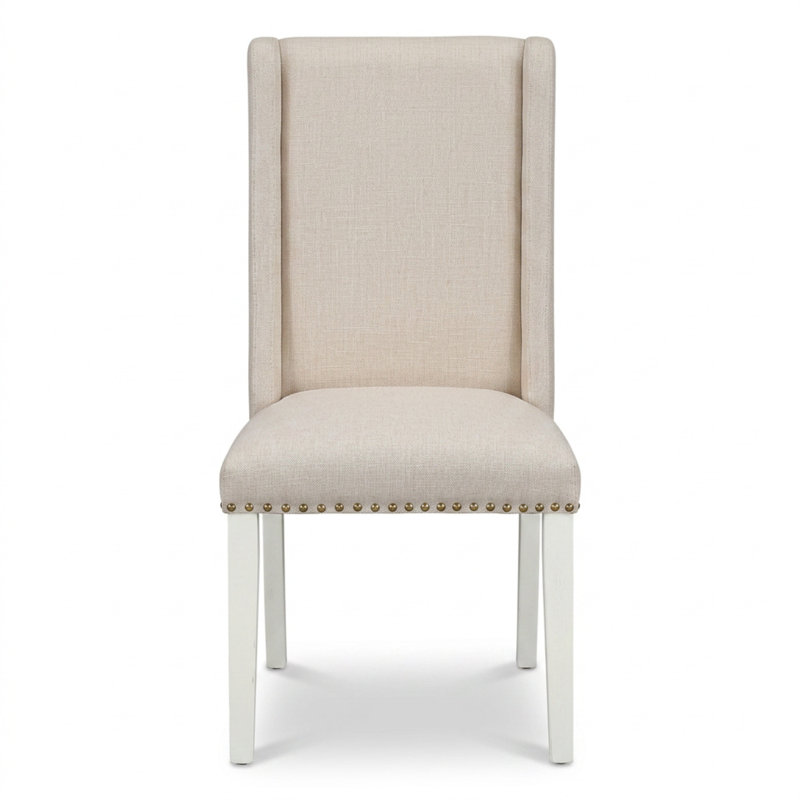 Ensemble de salle à manger rond 5 pièces en bois blanc asiatique avec 4 chaises de salle à manger Parson recouvertes de tissu lin crème