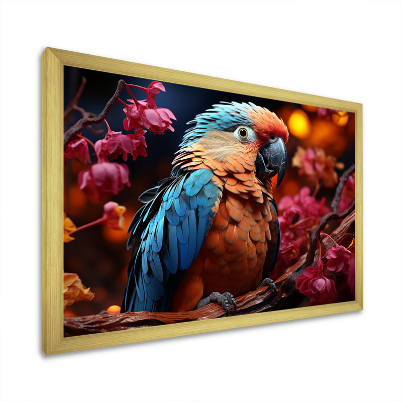 Perroquets rouges et bleus, plumage radieux, coucher de soleil II, Cadre photo doré simple, H 24 po x l 32 po x P 1 po