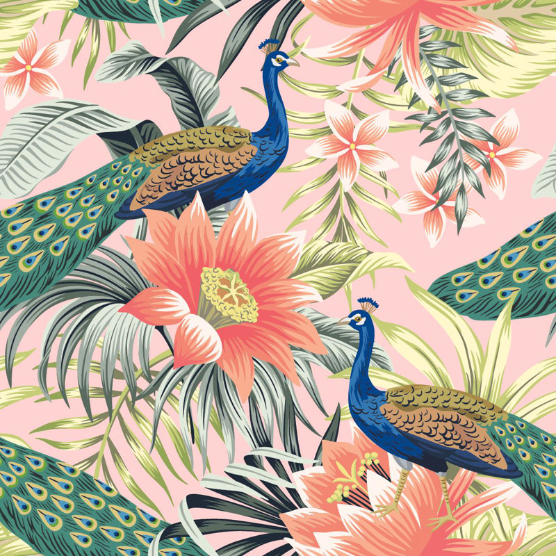 Cristobal USA Made Cristobal Pastel Floral and Peacock Wallpaper Tile – Peel & Stick, Paper, 18.75" L x 25" W