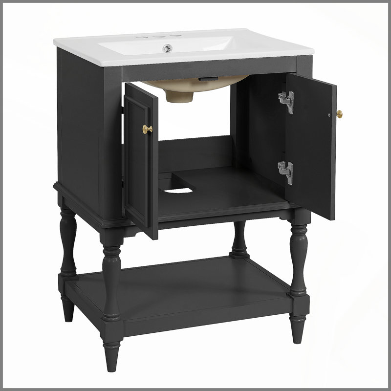 Meuble-lavabo de luxe moderne 24 po avec lavabo en céramique, armoire de salle de bain avec tablette ouverte et rangement fermé