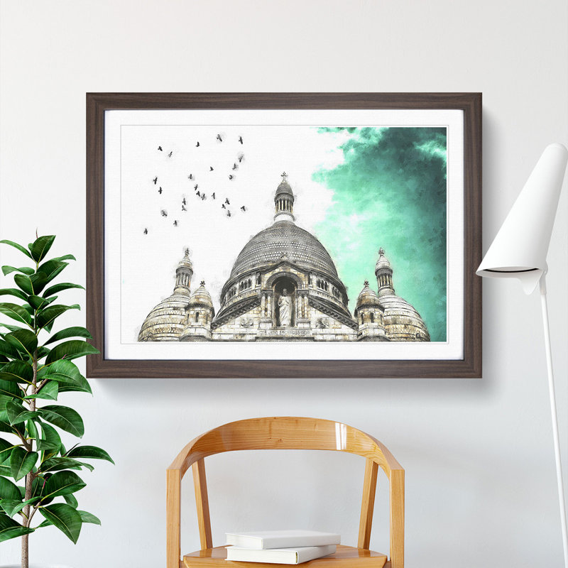 Birds Above Sacre Coeur Paris Painting - Single Picture Frame Print on MDF, 33cm H x 45cm W x 2cm D, Walnut