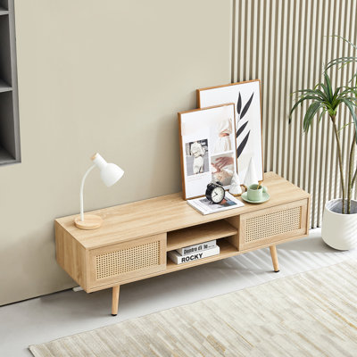 Meuble télé tissé avec pieds en bois massif, longueur 56,57 po, portes coulissantes doubles, tablette réglable pour armoire de salon, espace de teinte naturelle
