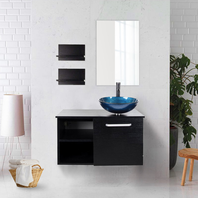 Ensemble de meuble-lavabo mural simple 28 "avec miroir Clématique, Bleu océan, Noir, noir, noir, noir