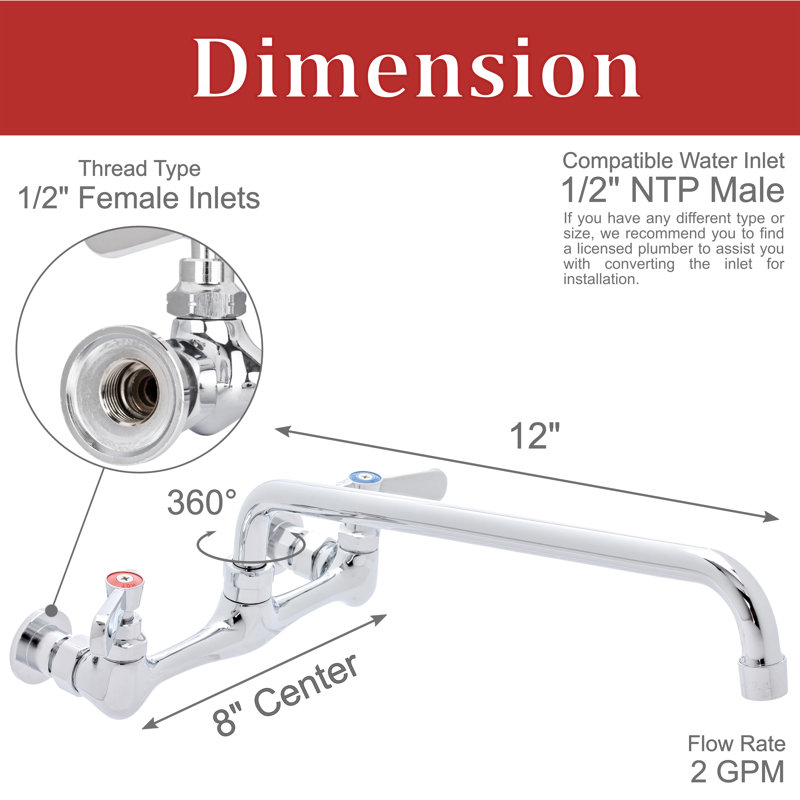 12" Swivel Spout Touch Double Handle Wall Mount Kitchen Faucet - 8" Installation Width