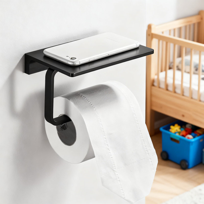 Porte-papier hygiénique de style hôtel avec tablette pour téléphone, porte-papier hygiénique mural en laiton massif, finition noire mate résistante à la corrosion pour la salle de bain et la cuisine