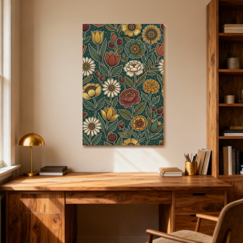 Motif floral de plantes et de fleurs aux couleurs vives et aux feuilles, H 48 po x l 32 po