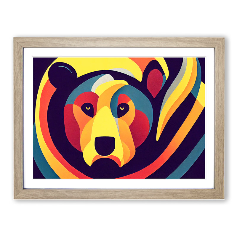 Bear Art Deco Style Abstract - Framed Print, 46cm H x 64cm W x 2cm D, Oak
