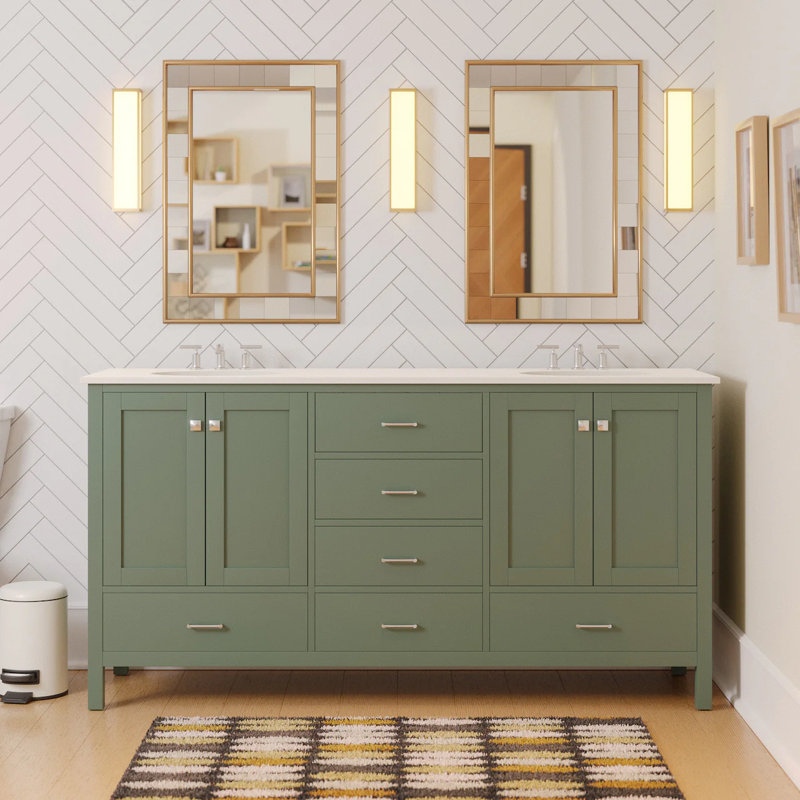Claudett 72'' Double Bathroom Vanity with Top, Sage Green, Engineered White