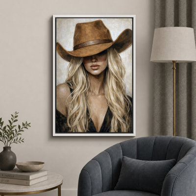 Western Cowgirl Hat Woman Artwork, Bedroom Pictures, Framed Canvas Giclee Print Wall Art