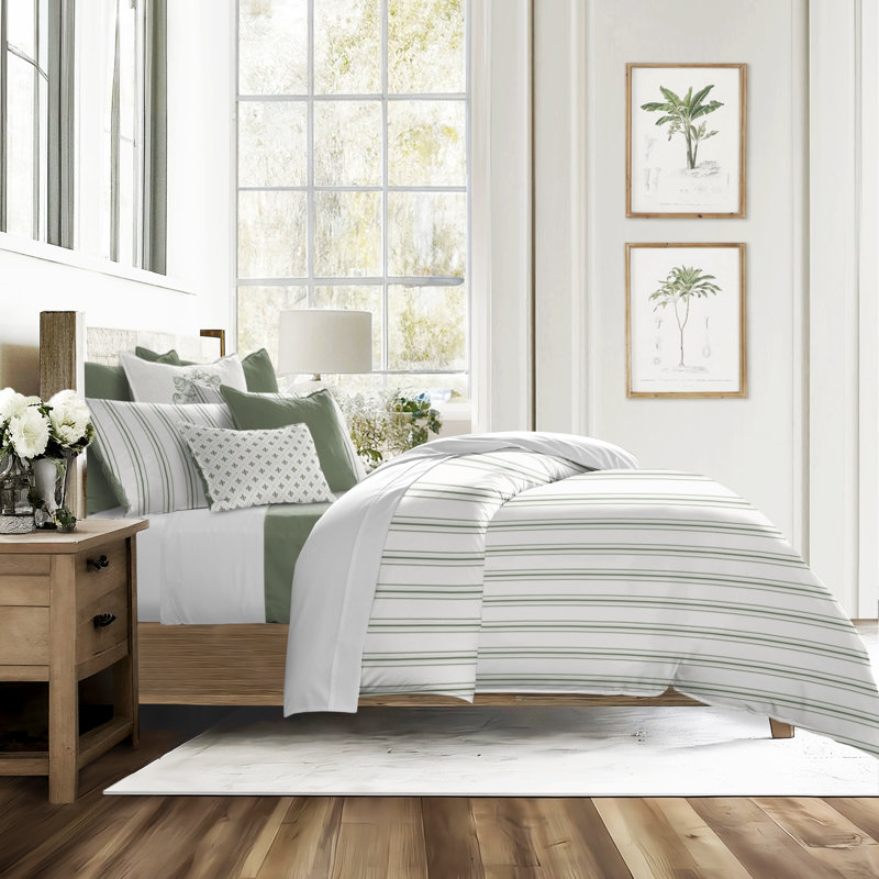 August Stripe Reversible Cotton Duvet Cover Set, Twin Duvet Cover + 2 Standard Shams, Sweet Grass